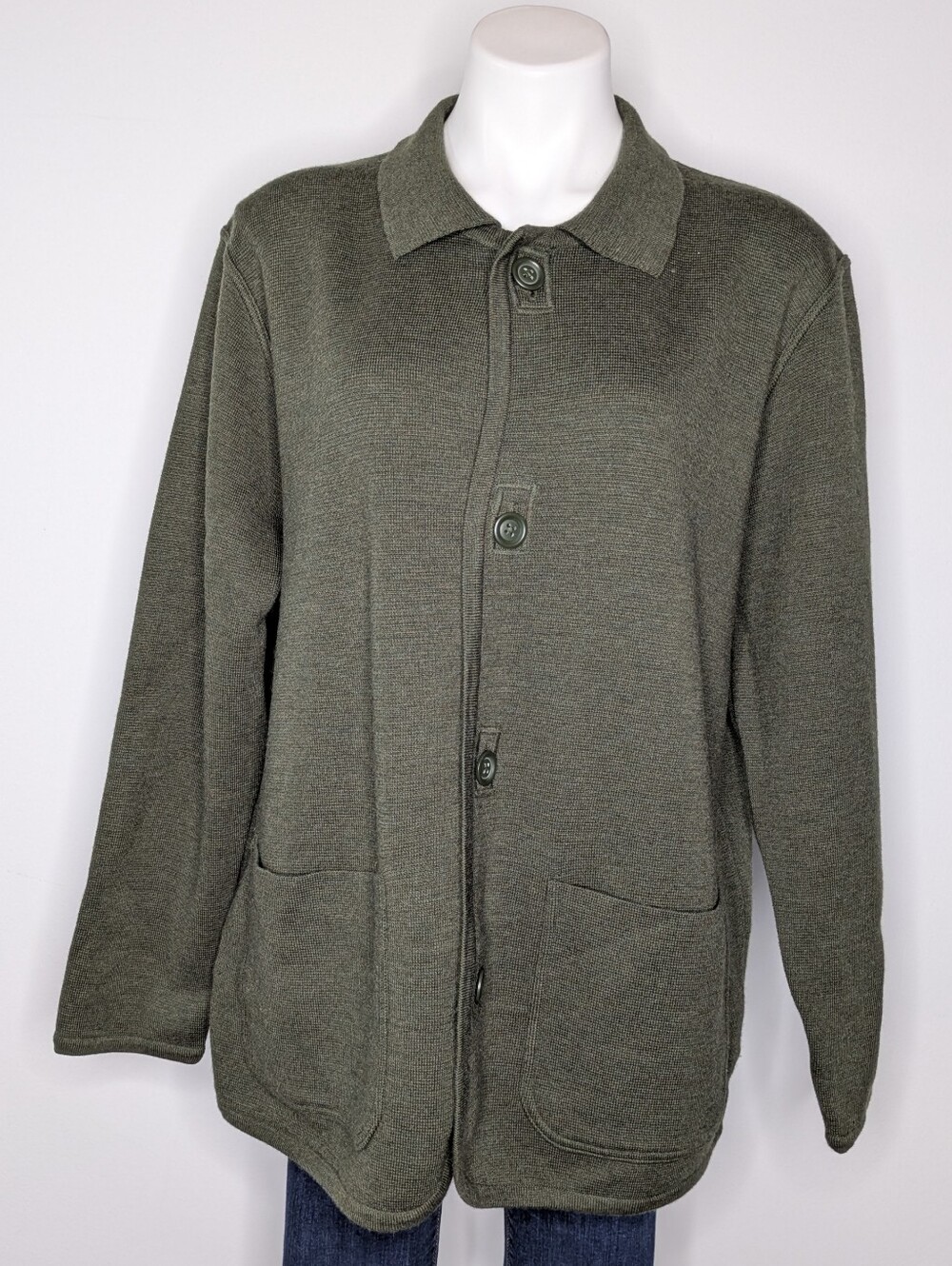 111 State Green Button Up Long Sleeve Extra Fine Merino Wool Cardigan Sweater M